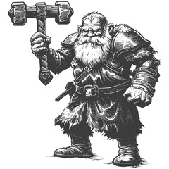 Fototapeta na wymiar dwarf warrior with hammer full body images using Old engraving style body black color only