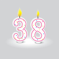 Birthday candle numbers 38 with colorful dots. Celebration event numeral decoration. Vector illustration. EPS 10.
