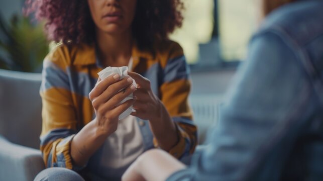 A closeup of a social workers hand gently holding a tissue as they sit beside a tearful and vulnerable client. The social worker shows empathy and comfort as the client shares their .