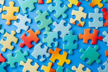 colorful puzzle pieces on blue background autism awareness concept top view digital illustration - obrazy, fototapety, plakaty