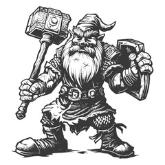 dwarf warrior with hammer full body images using Old engraving style body black color only
