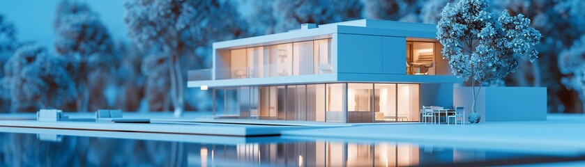 3D architectural model of a house blue-toned print