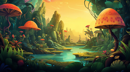 Design an abstract and dreamlike portrayal of a beautiful morning in the cartoon jungle