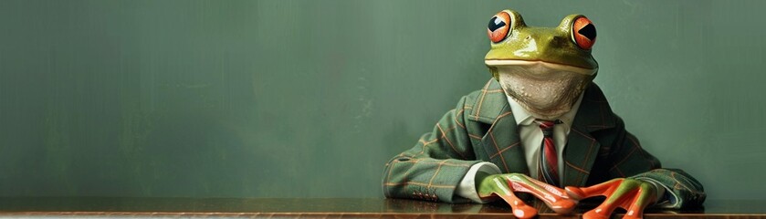 A comically dressed frog in a detective outfit leaning on a desk against a green background.