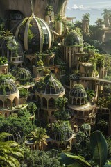 Fototapeta premium A visionary eco-friendly cityscape featuring advanced structures and green domes surrounded by nature.