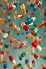 An array of colorful medicine capsules are suspended in mid-air