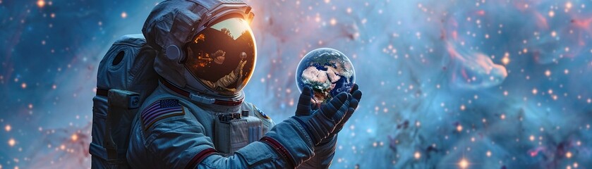 An astronaut tenderly cradles a miniature replica of the Earth globe against a backdrop of a starry cosmos - obrazy, fototapety, plakaty