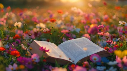 An open book lies in a field of vibrant flowers - obrazy, fototapety, plakaty