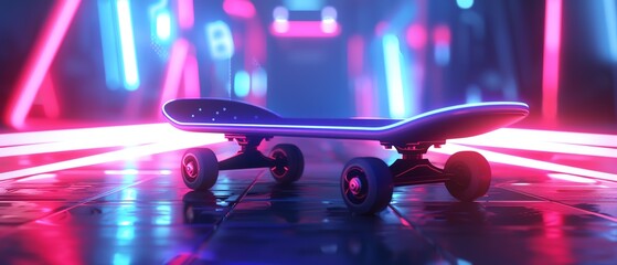 Hover skateboard, sleek design, neon trail, urban digital environment