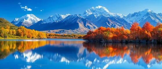 Majestic snow-capped mountains reflect in a crystal clear lake surrounded by vibrant autumn foliage
