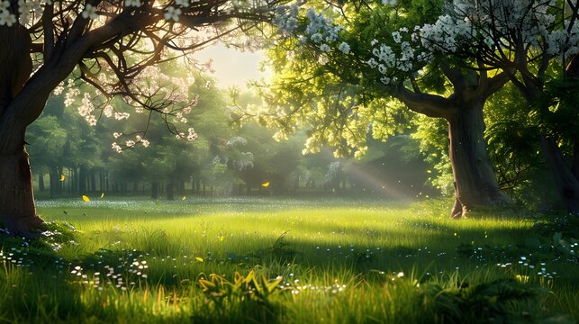  A serene forest scene with sunlight filtering through the trees, illuminating lush green foliage and a peaceful meadow