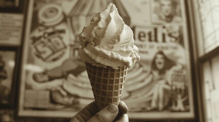 Hand holding a dripping vanilla ice cream cone with a vintage circus marquee in the soft-focus background.