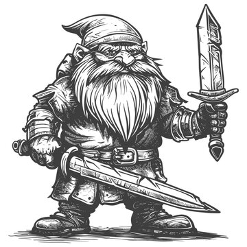 dwarf warrior with sword full body images using Old engraving style body black color only