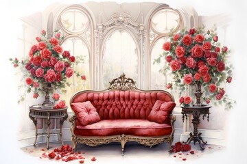 Luxury red sofa with roses in vintage interior. 3D rendering