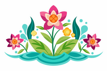 Charming 2D design with vibrant flowers blooming against a pure white backdrop.
