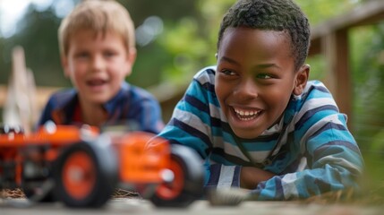 A boy smiles proudly as he successfully powers a toy car using a biofuel battery while his friend watches with interest and admiration. .