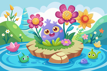 Charming 3D cartoon design with vibrant flowers adorning a white background.
