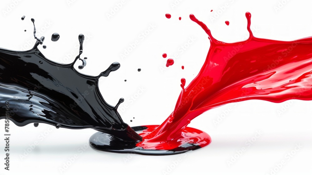 Poster a vivid red liquid collides with a deep black liquid, creating a dramatic and mesmerizing splash in 