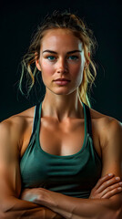 Studio portrait of a young adult fitness and muscular woman, looking at camera with a serious look and crossed arms. Black Background. Studio shot. Generative Ai.