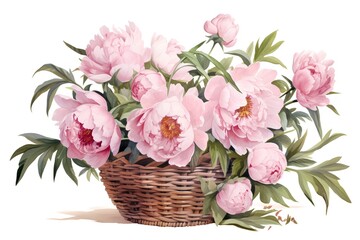 Obraz na płótnie Canvas Bouquet of pink peonies in a basket isolated on white background