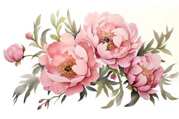 Watercolor peony bouquet isolated on white background. Hand painted illustration.