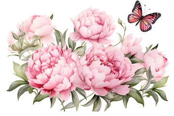 Peony flowers with leaves and butterfly, watercolor illustration on white background