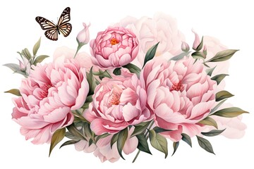 Peony bouquet with butterfly isolated on white background. Watercolor illustration
