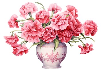 Bouquet of pink carnations in vase. Watercolor illustration.