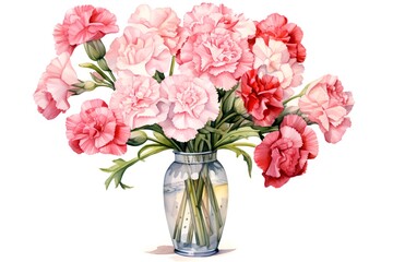 Bouquet of carnations in a vase. Watercolor illustration