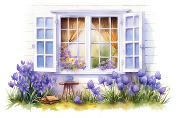 Watercolor window with crocuses and hyacinths.