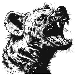 A black and white illustration of a hyena snarling. - obrazy, fototapety, plakaty