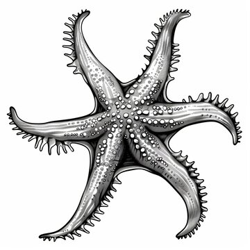 A black and white drawing of a starfish.
