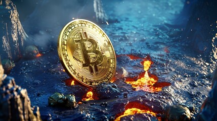 Golden bitcoin melting in lava, Combining the themes of cryptocurrency and financial loss - obrazy, fototapety, plakaty