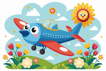 Charming cartoon airplane soaring through the sky adorned with blooming flowers.