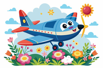 Fototapeta premium A charming cartoon airplane soars through a blue sky adorned with whimsical flowers.
