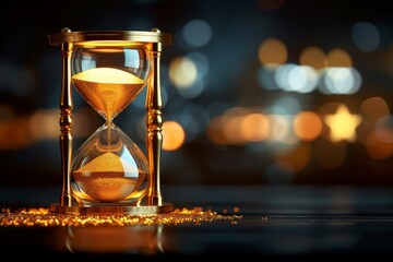 Golden hourglass with sand rapidly draining, Depicting the fleeting nature of wealth and the inevitability of loss - obrazy, fototapety, plakaty