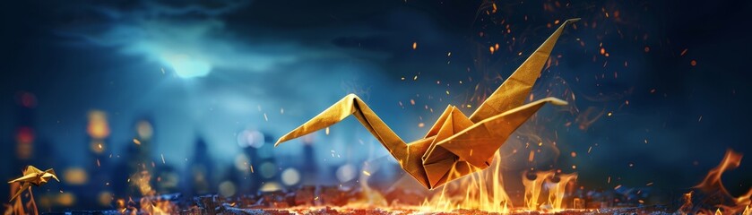 Golden origami crane falling into a fire, Symbolizing lost hope and misfortune in financial endeavors - obrazy, fototapety, plakaty