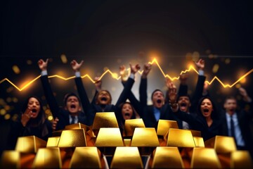 Group of people panicking as a gold stock chart plummets, Representing the fear and uncertainty of a market crash - obrazy, fototapety, plakaty