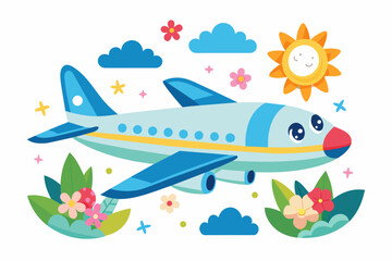 Charming cartoon airplane flies through a blue sky adorned with whimsical flowers.