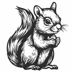 A detailed black and white line drawing of a squirrel.