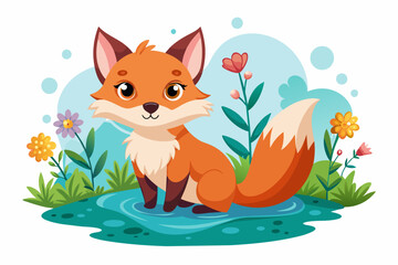Fototapeta premium Charming cartoon fox with flowers on a white background.