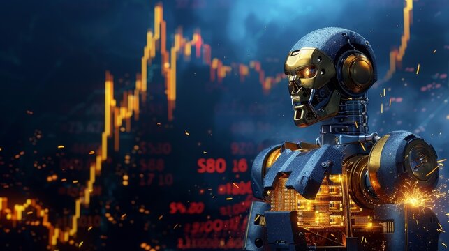 Robot with sparking golden circuits malfunctioning, surrounded by a falling stock chart, Depicting the potential for technology to exacerbate financial losses