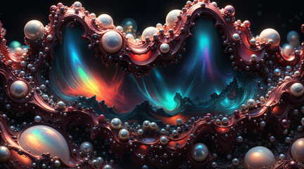 surreal dreamscape fantasy scene filled with precious extravagance and otherworldly beautiful ocean pearls, radiating iridescent opal shimmer and intricate texture waves of opulence and decadence. - obrazy, fototapety, plakaty
