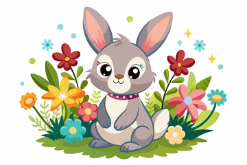 Obraz na płótnie Canvas Charming cartoon rabbit adorned with vibrant flowers.