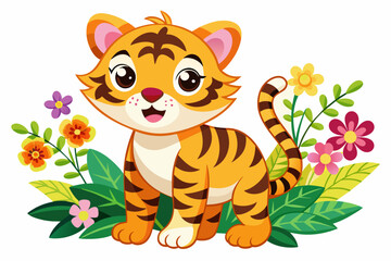 Obraz na płótnie Canvas Charming cartoon tiger adorned with vibrant flowers