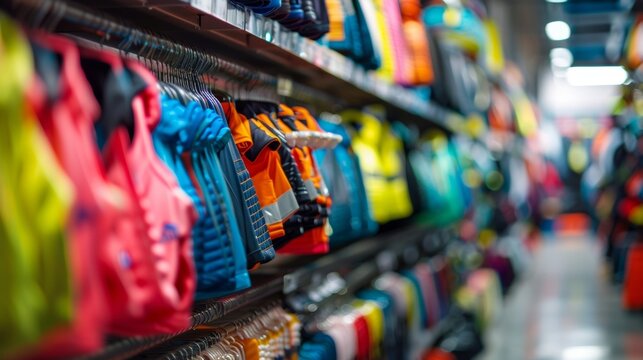 A dreamy outoffocus image of a sports store filled with rows of brightly colored sports gear representing the extensive selection of equipment needed for managing a range of different .