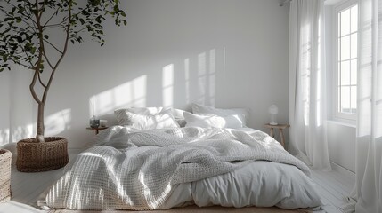 White bedding set with textured blanket on unmade bed in morning sunlight, cozy home decor