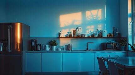 Blue-lit kitchen interior with stainless steel fridge and window light on counter