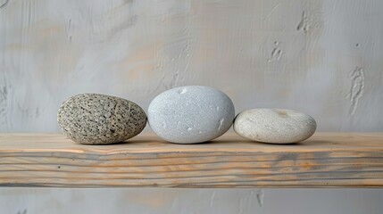 Three smooth stones on a wooden shelf with a whitewashed background - obrazy, fototapety, plakaty