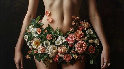 Floral Beauty - Nude Female Body with Exquisite Flower Adornments - obrazy, fototapety, plakaty